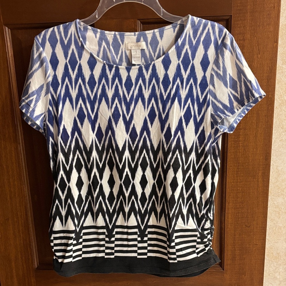 Chico's Blue and Black Geometric Short Sleeve Top, Size 1 (Womens 8)